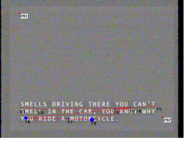 picture of closed captioning on a screen with the eye tracker reading pattern highlighted