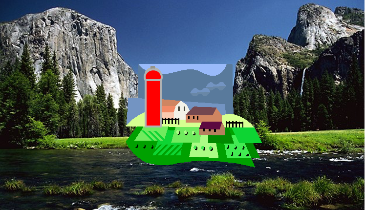 photo of Yosemite Valley with clipart of a farm inserted