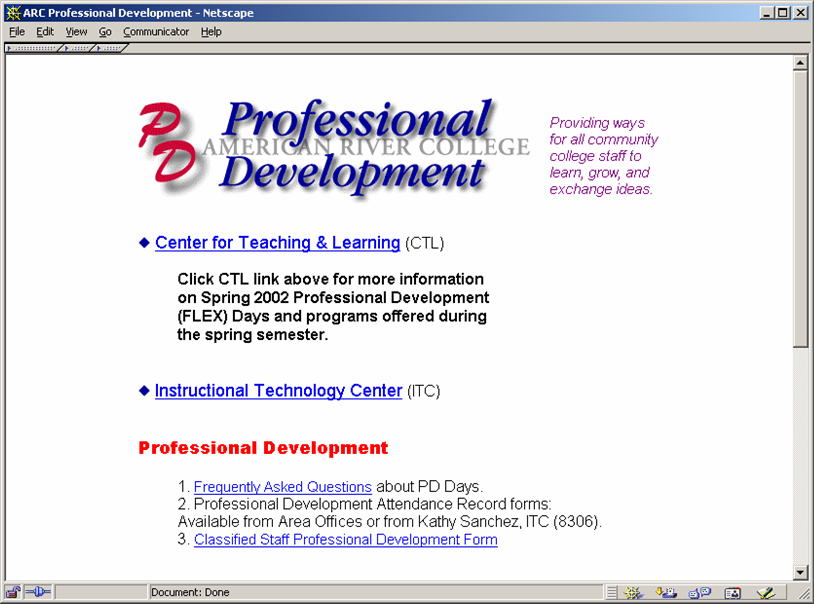 picture of ARC Professional Development web page