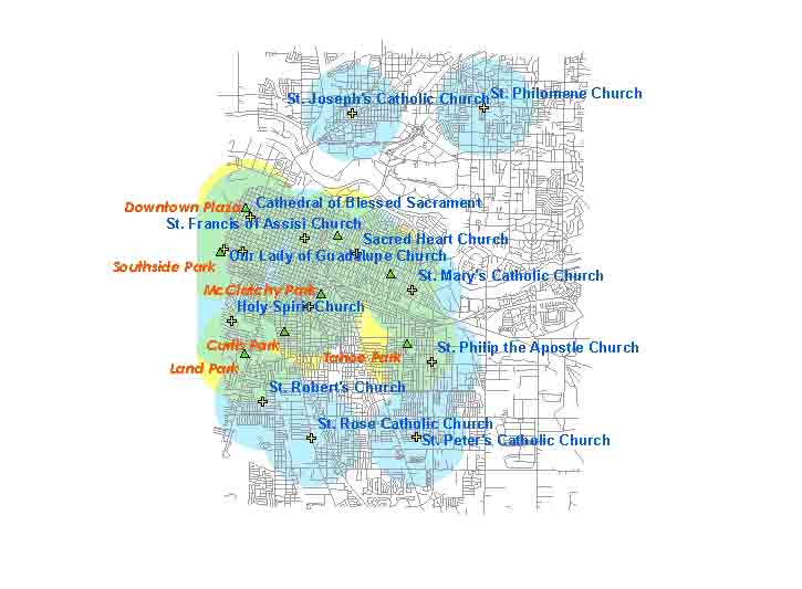 Street map with church & park sites with names & distance circles
