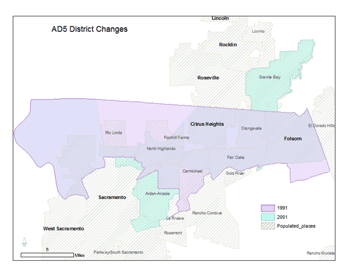 Assembly District 5 2001 vs. 1991 Boundary Map