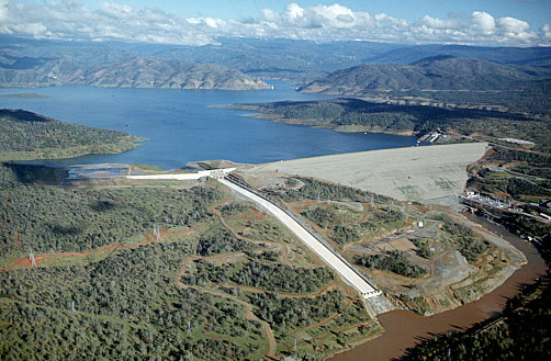 An aerial view of Lake Oroville Dam