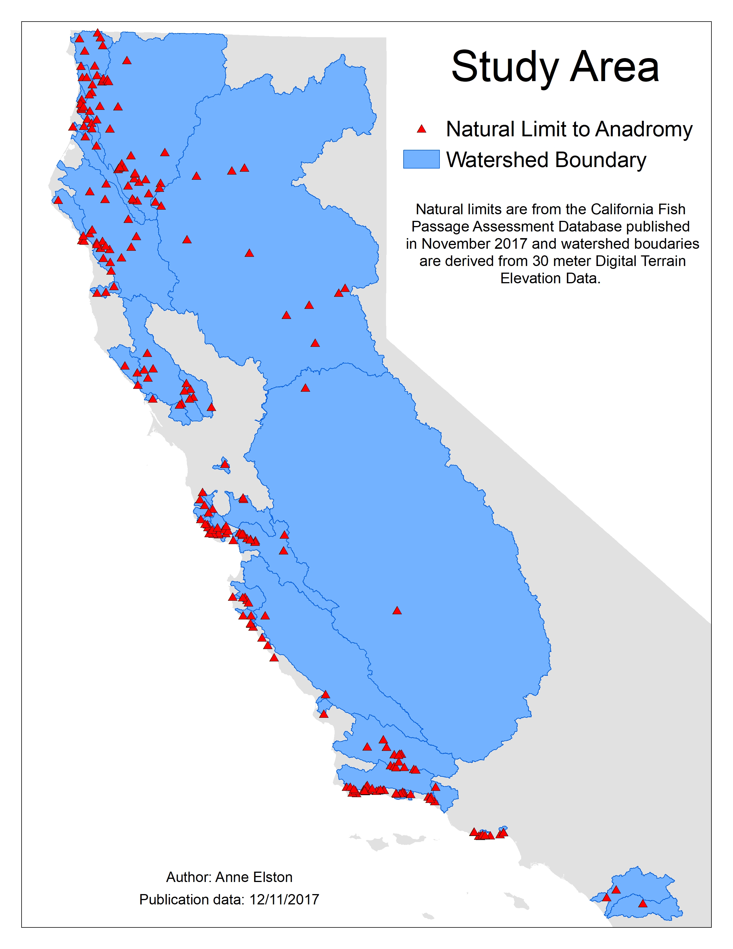 Figure 2. Study Area (Watersheds) and Sample of Known Natural Limits to Anadromy.