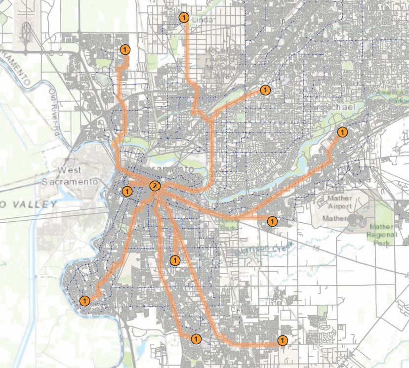 Route Solver shows routes from all locations to the sutter hospital